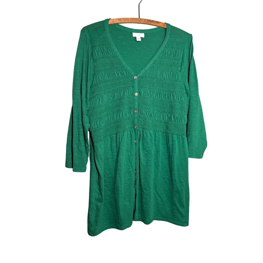 J. Jill M Smocked Button Front V-Neck Tunic Top 3/4 Sleeve Cotton Modal Blend